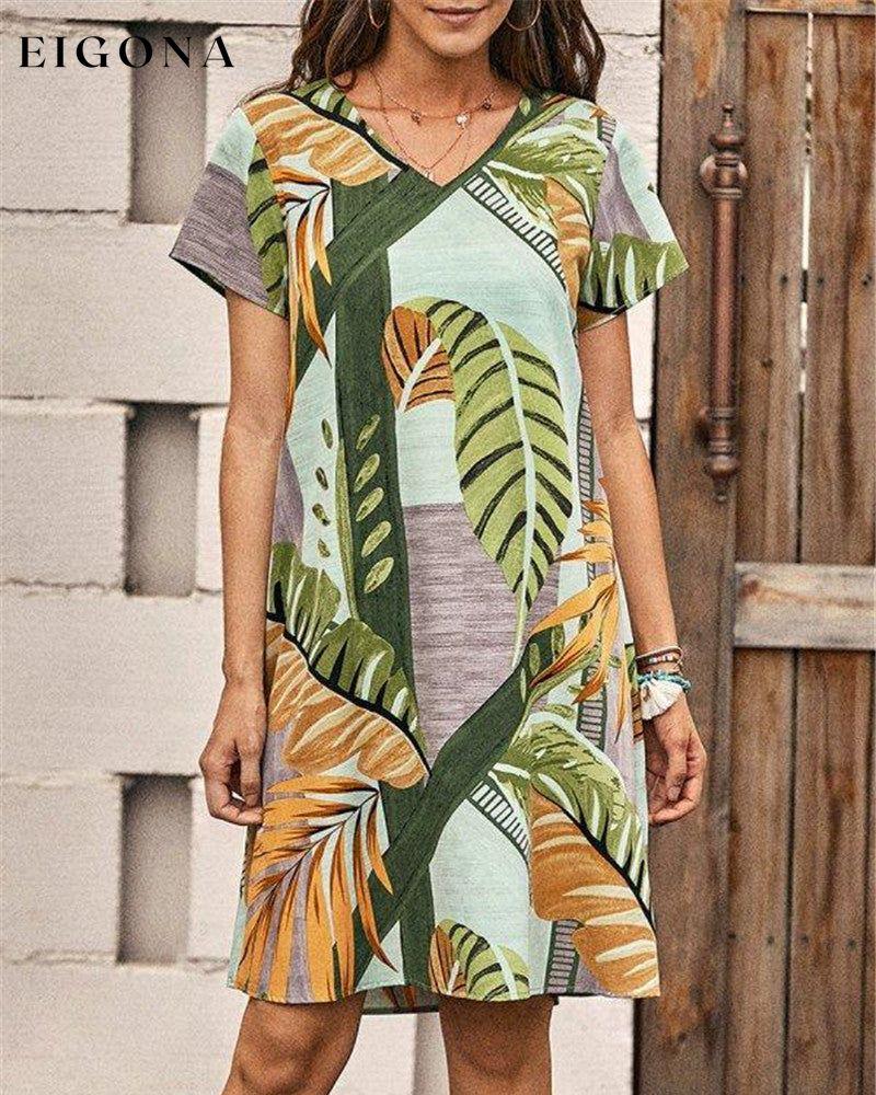 Leaves Print Short Sleeve Dress 23BF Casual Dresses Clothes Dresses Summer