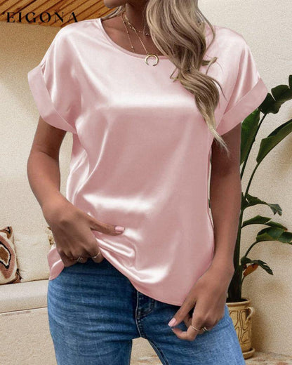Satin crew neck solid T-shirt 23BF clothes Short Sleeve Tops Spring Summer T-shirts Tops/Blouses