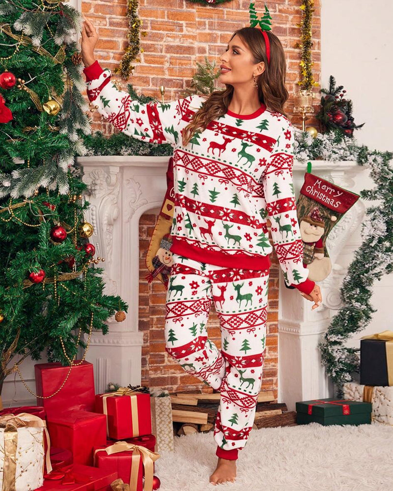 Christmas Themed Print Warm Long Sleeve Pajama Sets 2024 f/w Christmas matching family outfits two-piece sets