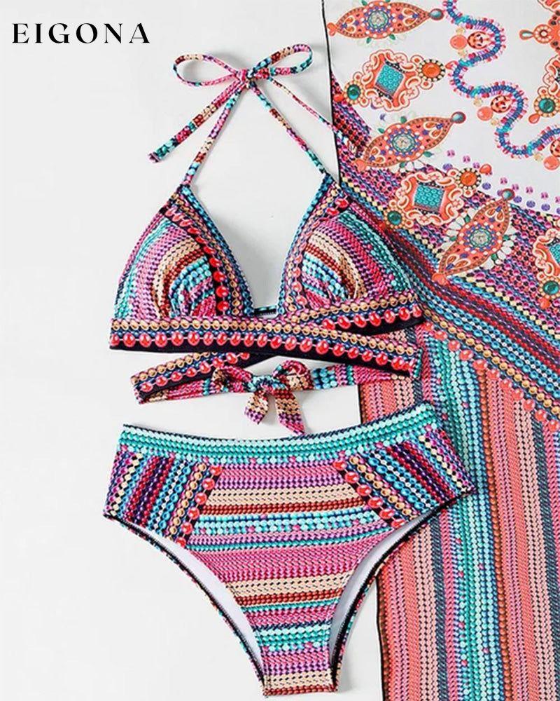Colorful stripe print bikini three-piece set 23BF Bikinis Clothes Cover-Ups Summer Swimwear