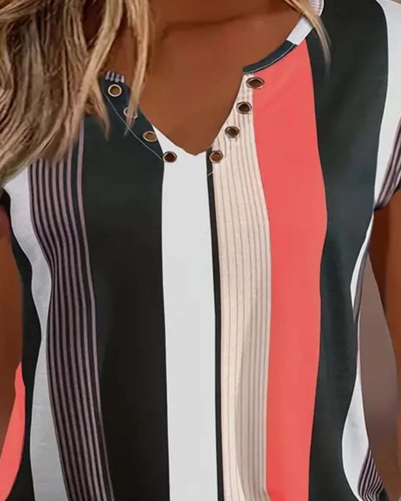 Vertical Striped Commuter Short-Sleeved Blouse