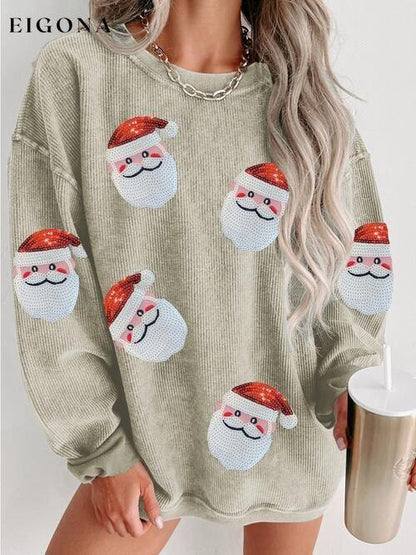 Sequin Santa Patch Ribbed Sweatshirt, Christmas Sweater Mist Green christmas sweater clothes Ship From Overseas Sweater sweaters SYNZ