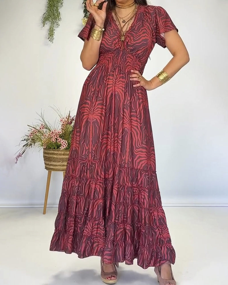 Bohemian V-Neck Pleated Long Dress
