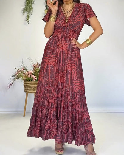 Bohemian V-Neck Pleated Long Dress