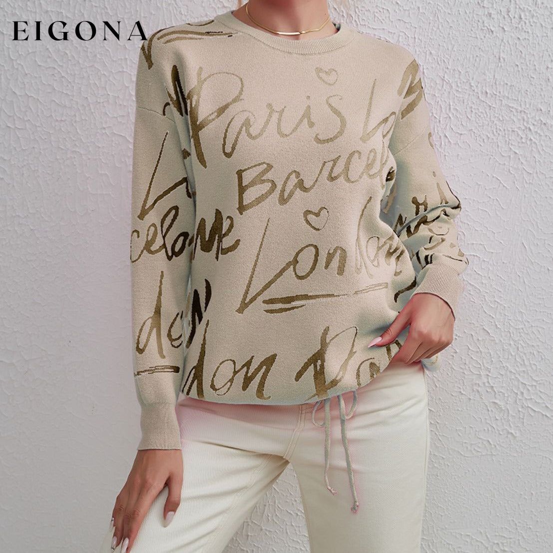 Letter Round Neck Drawstring Sweater Beige One Size clothes H.Y@Maozhi long sleeve Ship From Overseas Shipping Delay 10/01/2023 - 10/03/2023 shirt sweater sweaters top