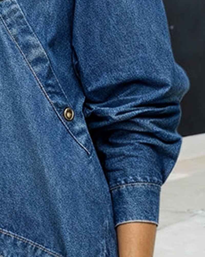 Asymmetrical Slant Placket Denim Blouse