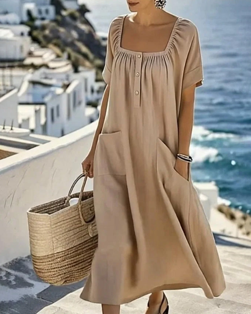 Square Neck Loose Half Buttoned Long Dress