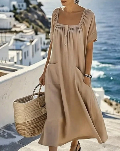 Square Neck Loose Half Buttoned Long Dress