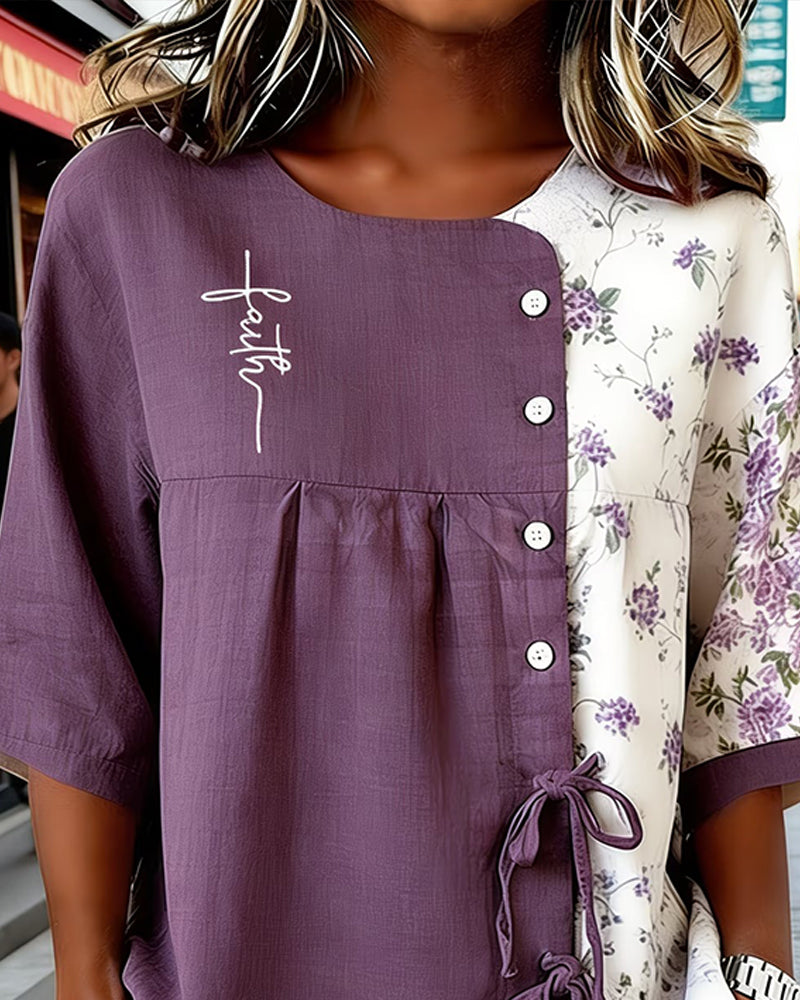 Asymmetrical Spliced Floral Color-Block Blouse