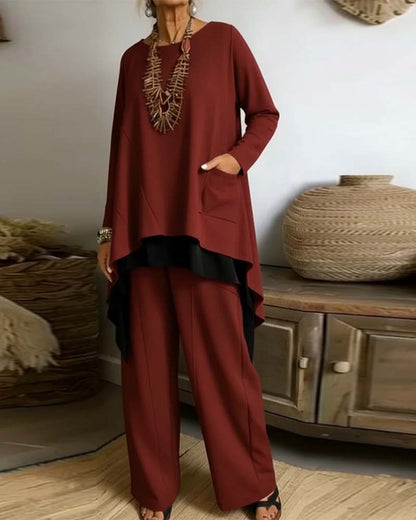 Irregular Long-Sleeved Top And Straight-Leg Pants Set