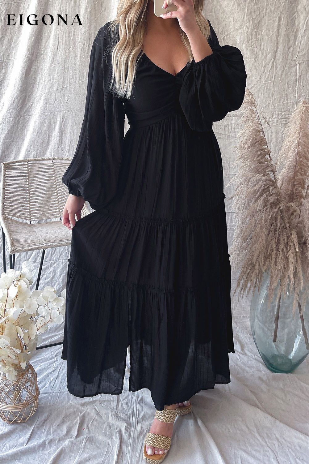 Black V Neck Bowknot Cutout Frill Tiered Maxi Dress Black 80%Viscose+20%Nylon All In Stock clothes dress dresses EDM Monthly Recomend Fabric Sheer long sleeve dress long sleeve dresses maxi dress maxi dresses Occasion Daily Print Solid Color Season Spring Silhouette A-Line Style Southern Belle