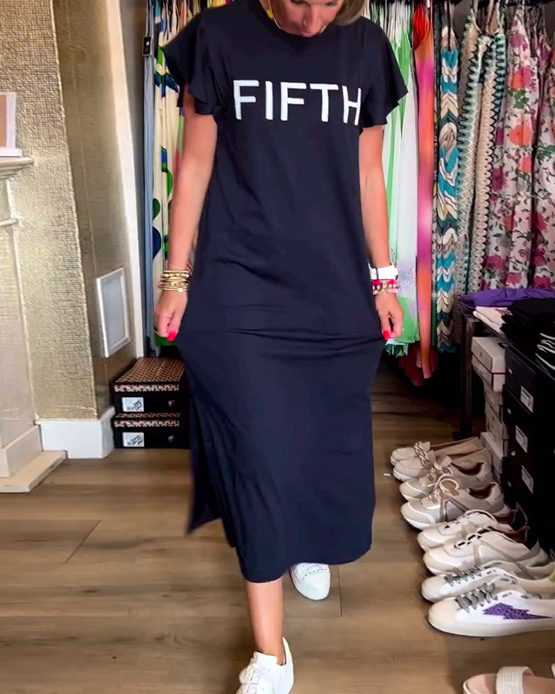 Letter print ruffle sleeve slit casual dress