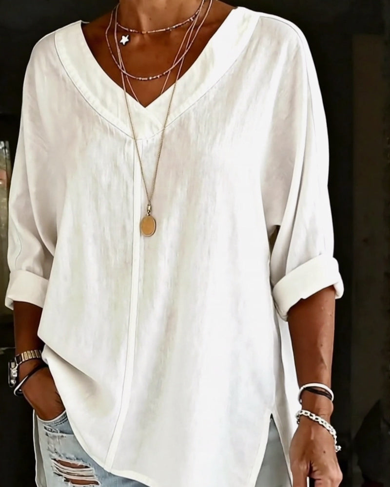 V-Neck Seven-Part Sleeve Split Cotton Linen Top