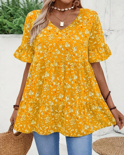 V-Neck Flutter Sleeve Floral Blouse