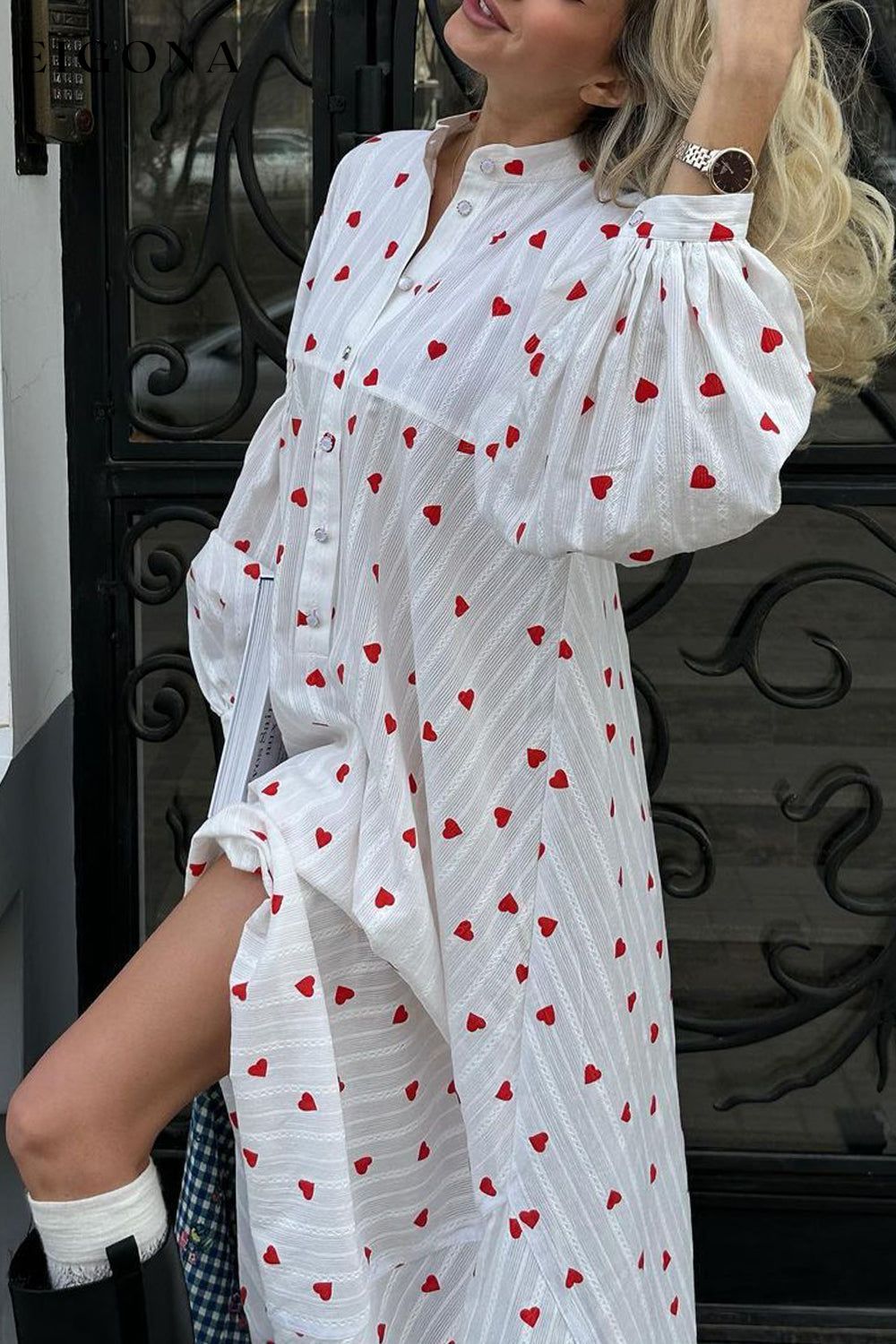 Heart Print Buttoned Maxi Dress clothes Ship From Overseas Shipping Delay 09/29/2023 - 10/03/2023 trend X.L.J