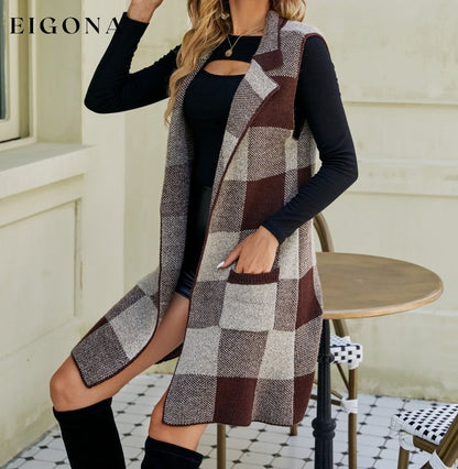 Plaid Lapel Collar Sleeveless Long Cardigan cardigan cardigans clothes Ship From Overseas Yh