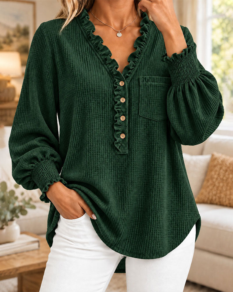 Ruffled Buttoned Lantern Sleeve Blouse 2025 f/w blouses & shirts spring