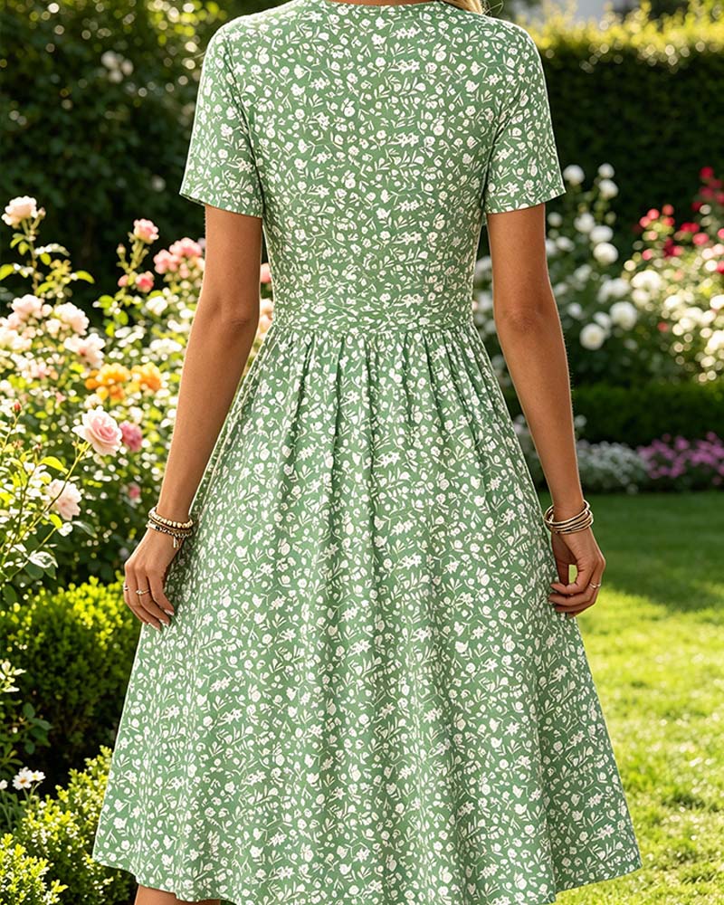 V-Neck Short SleeveTiny Floral Dress