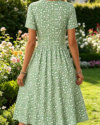 V-Neck Short SleeveTiny Floral Dress