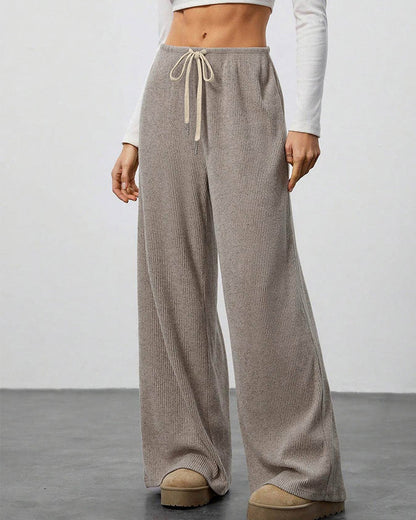 Solid Drawstring Wide-Leg Long Pants