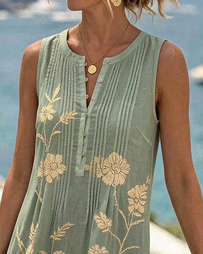 Round Neck Sleeveless Button Pleated Print Dress