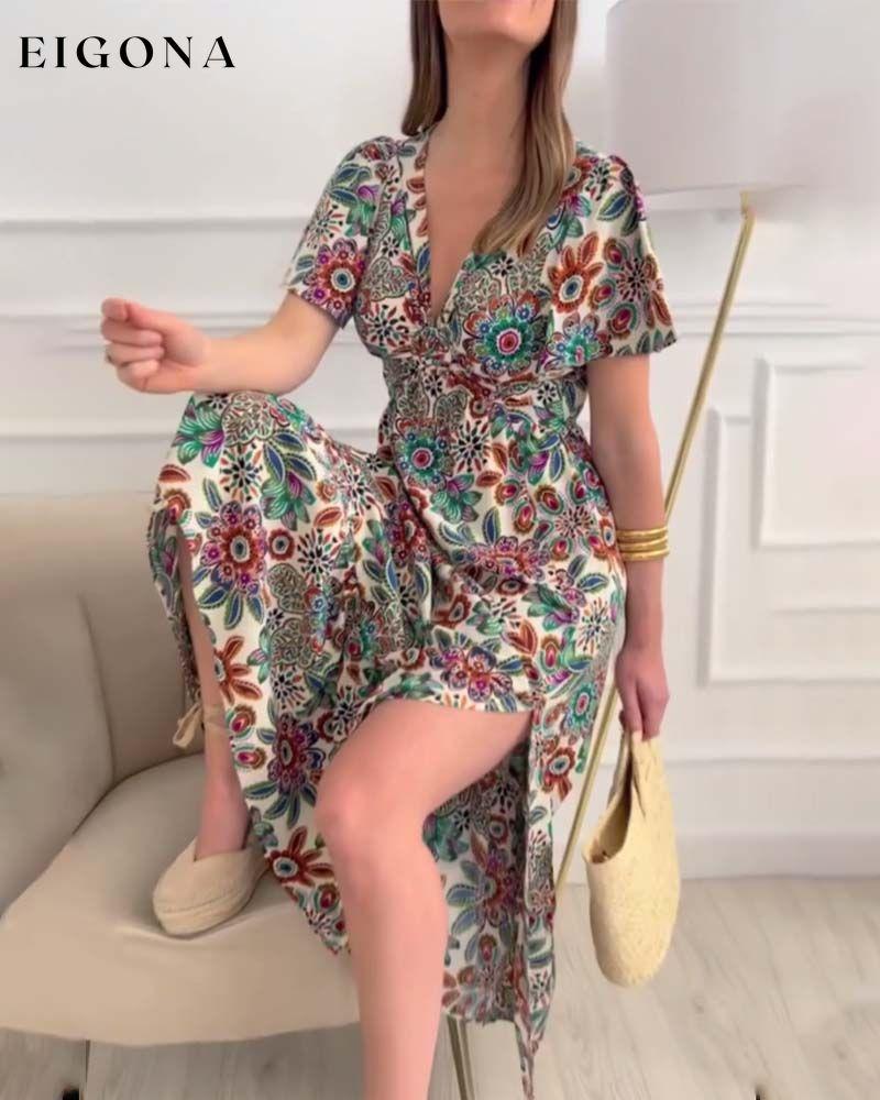 Elegant V-neck printed slit dress Casual Dresses spring summer