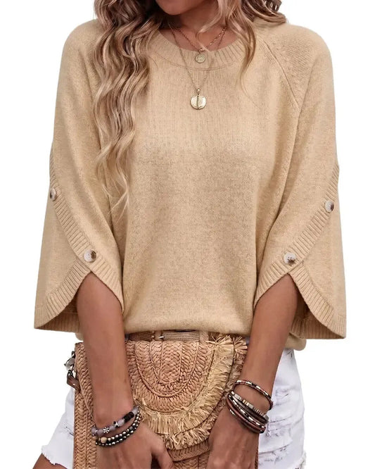 Crew Neck Button-Up Bell Sleeve Pullover