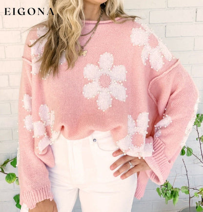 Multicolour Pearl Beaded Floral Drop Shoulder Sweater All In Stock clothes Color Pink Craft Bead EDM Monthly Recomend Hot picks Print Vintage Floral Season Winter Style Southern Belle Sweater sweaters