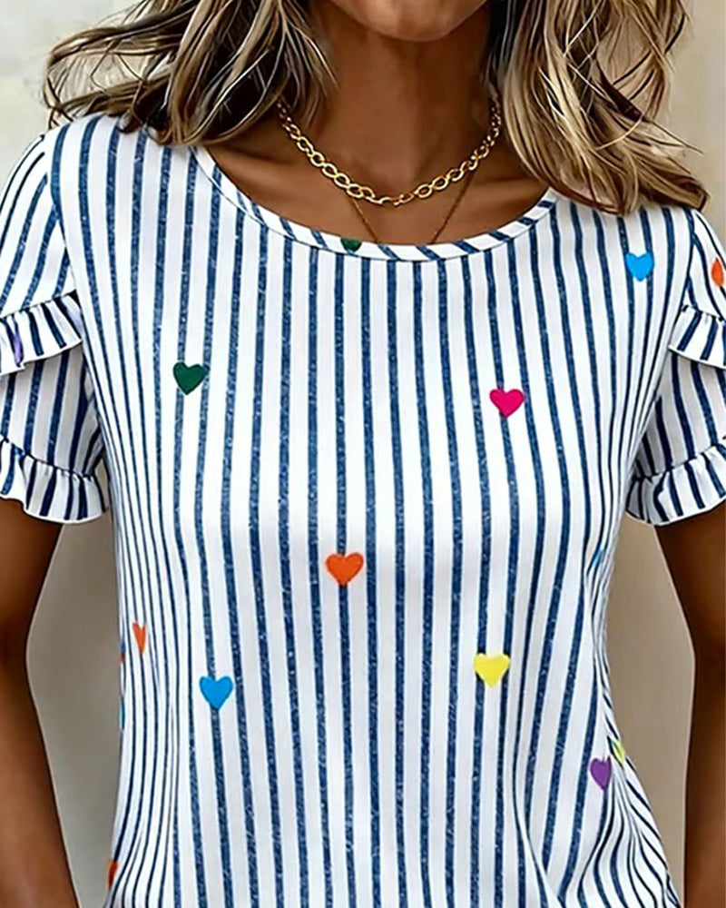 Striped Heart Ruffle Sleeve Blouse