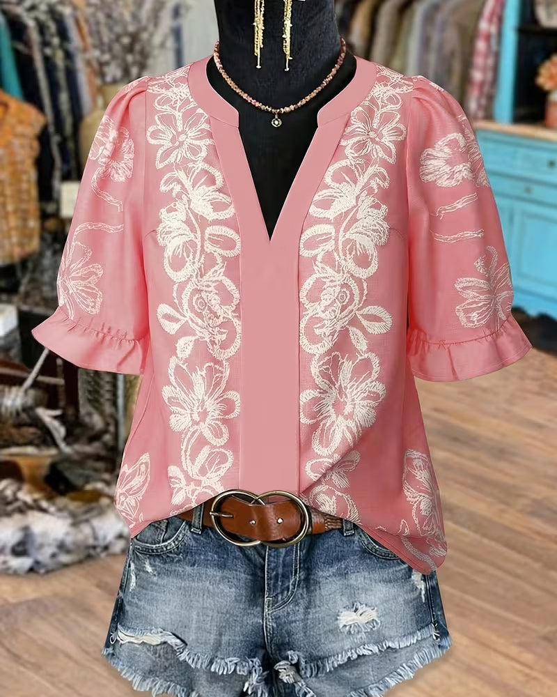 V-Neck Elegant Puff Sleeve Blouse
