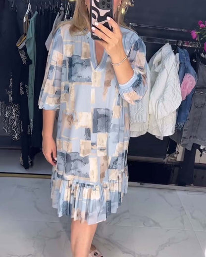 Casual printed lantern sleeve ruffle dress 2024 f/w casual dresses spring