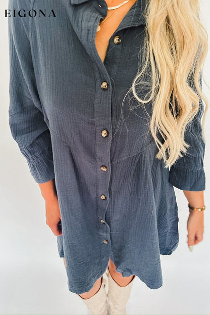 Sail Blue 3/4 Ruffled Sleeve Buttoned Crinkled Shirt Dress casual dresses clothes dress dresses long sleeve dress long sleeve dresses short dresses