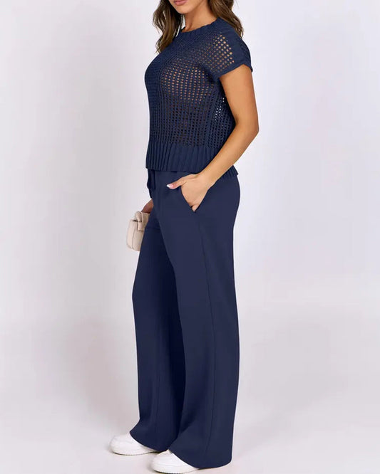 Open-Knit Short-Sleeve Top & Wide-Leg Pants Set spring summer two-piece sets