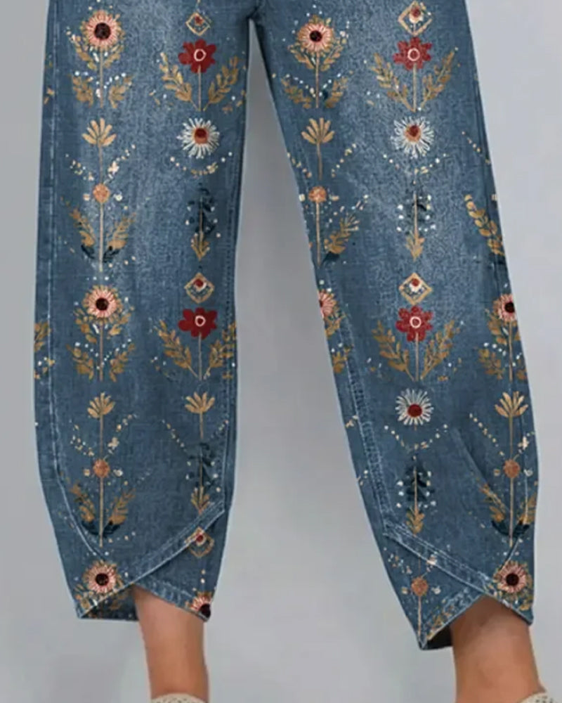 Floral Print Denim Ankle-Length Pants