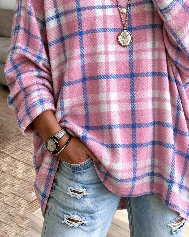 V-Neck Plaid Contrasting Loose Top 2024f/w blouses & shirts