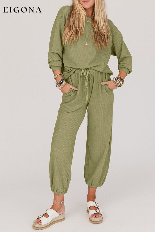 Long Sleeve Top Drawstring Joggers Set (Top and Bottoms included) Laurel Green 65%Polyester+30%Viscose+5%Elastane All In Stock clothes Color Green lounge wear sets loungewear sets Occasion Home Print Solid Color Season Winter sets Style Casual