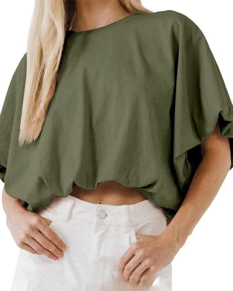 Solid Color Puff Sleeve Cropped Top blouses & shirts spring summer