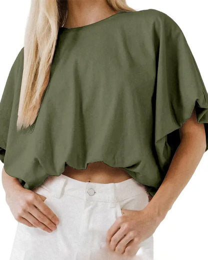 Solid Color Puff Sleeve Cropped Top blouses & shirts spring summer