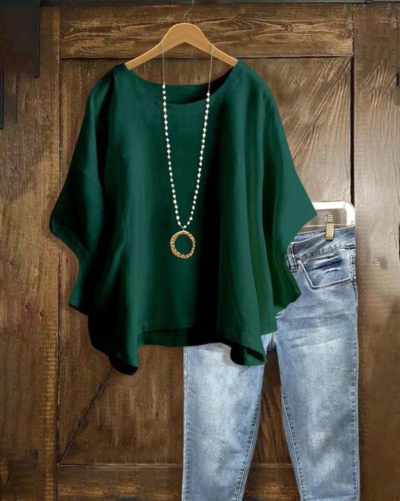 Crewneck Solid Batwing Sleeve Blouse