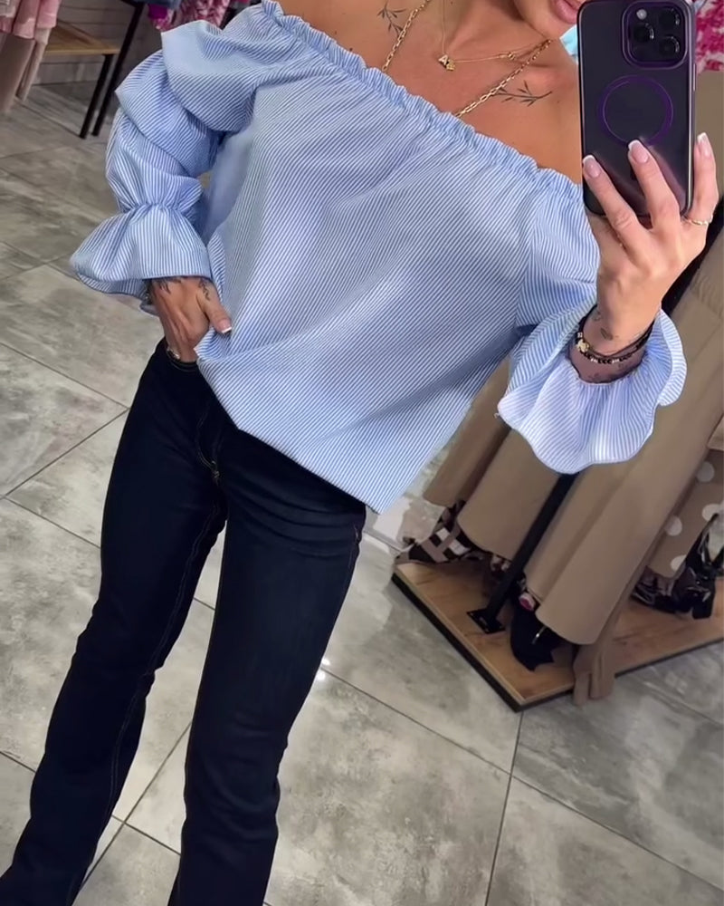 Striped print off-shoulder flared sleeve top blouses & shirts spring summer