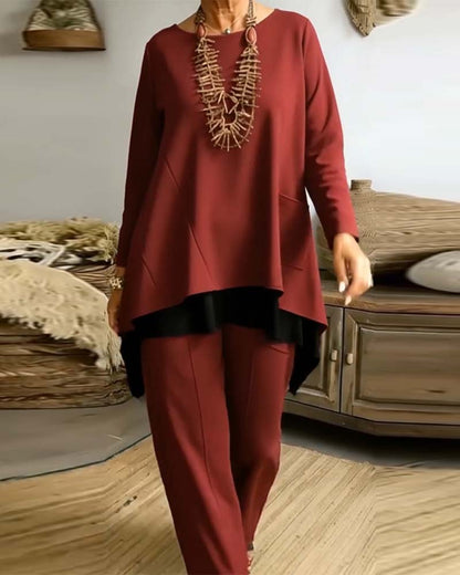Irregular Long-Sleeved Top And Straight-Leg Pants Set