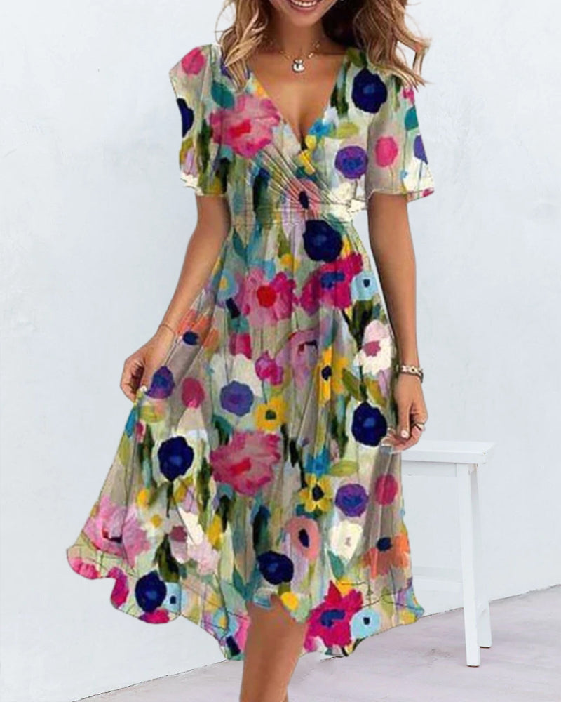 V-neck colorful printed dress summer vacation dresses