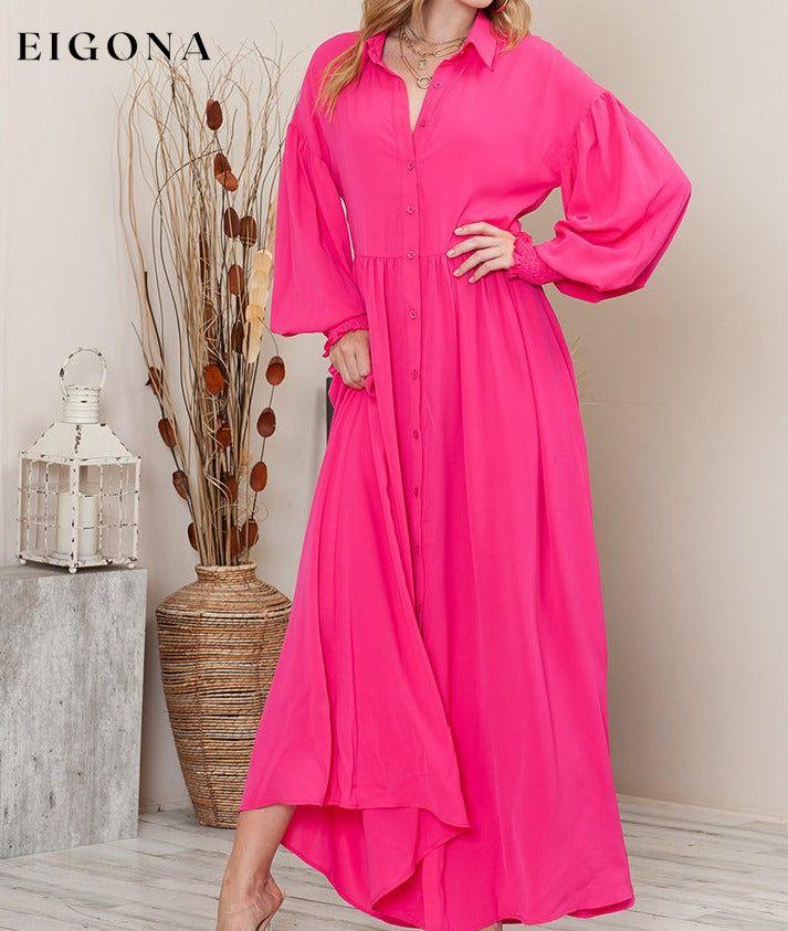 Collared Neck Button-Up Maxi Dress clothes dresses long sleeve dresses maxi dress pink dresses Ship From Overseas SYNZ trend