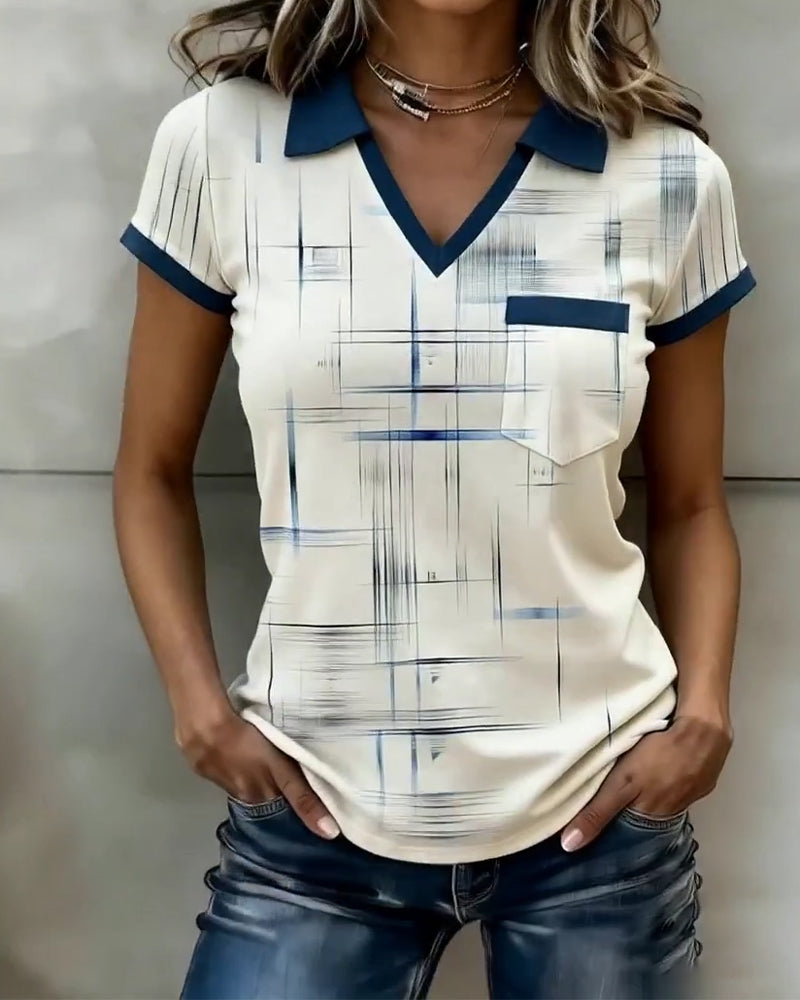 V-Neck Printed Color-Blocked Top