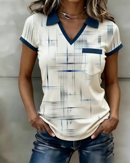 V-Neck Printed Color-Blocked Top