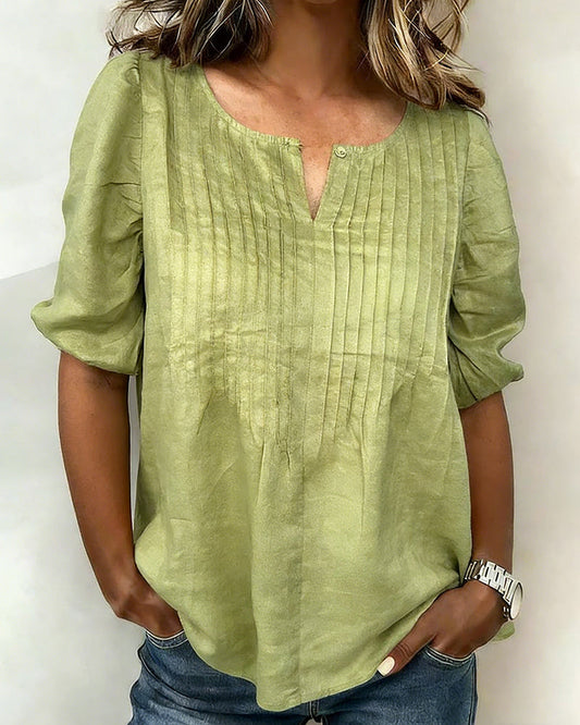 Solid Color V-Neck Puff Sleeve Blouse