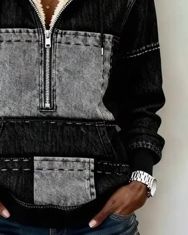 Retro Color-Block Fleece-Lined Hoodie