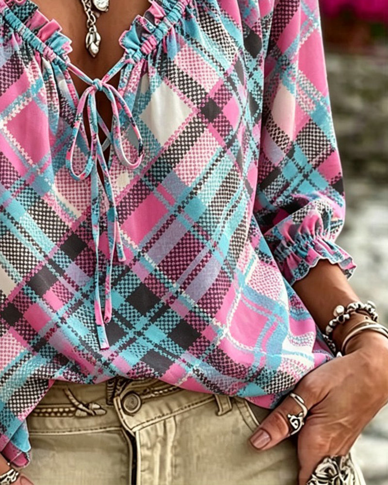 Ruffle Trim Tie Front Plaid Blouse