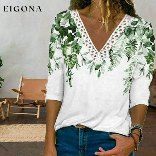Leaf Print Lace Patchwork T-Shirt White best Best Sellings clothes Plus Size Sale tops Topseller