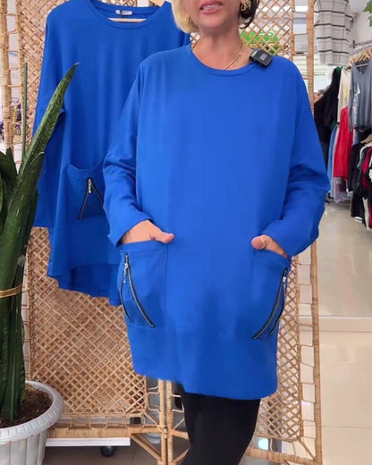 Felpa con scollo tondo e tasca con cerniera tinta unita